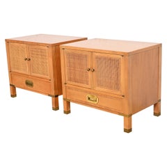 Baker Furniture Midcentury Campaign Walnut, Cane, and Brass Nightstands, 1960s