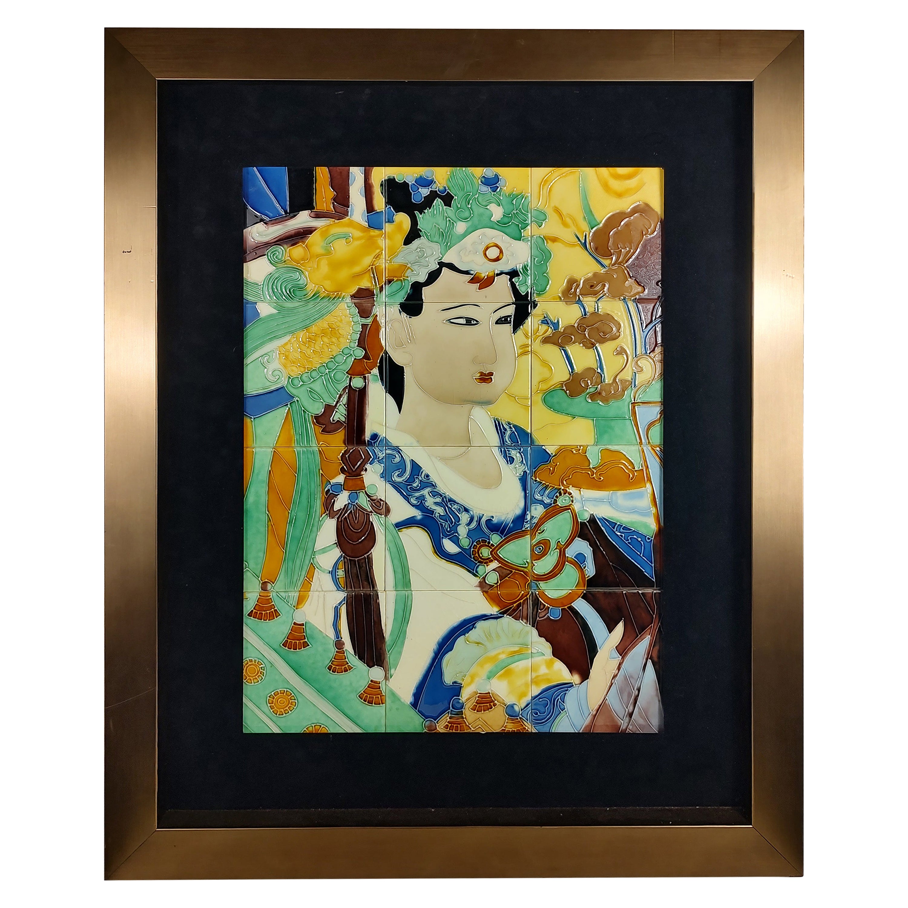 Fabulous depiction of a Japanese Geisha in a series of 12 ceramic tiles framed. Each tile is a work of art, beautiful lines and fabulous colors. Framed and matted. In excellent vintage condition with minimal wear, tiles are flawless, scratch to