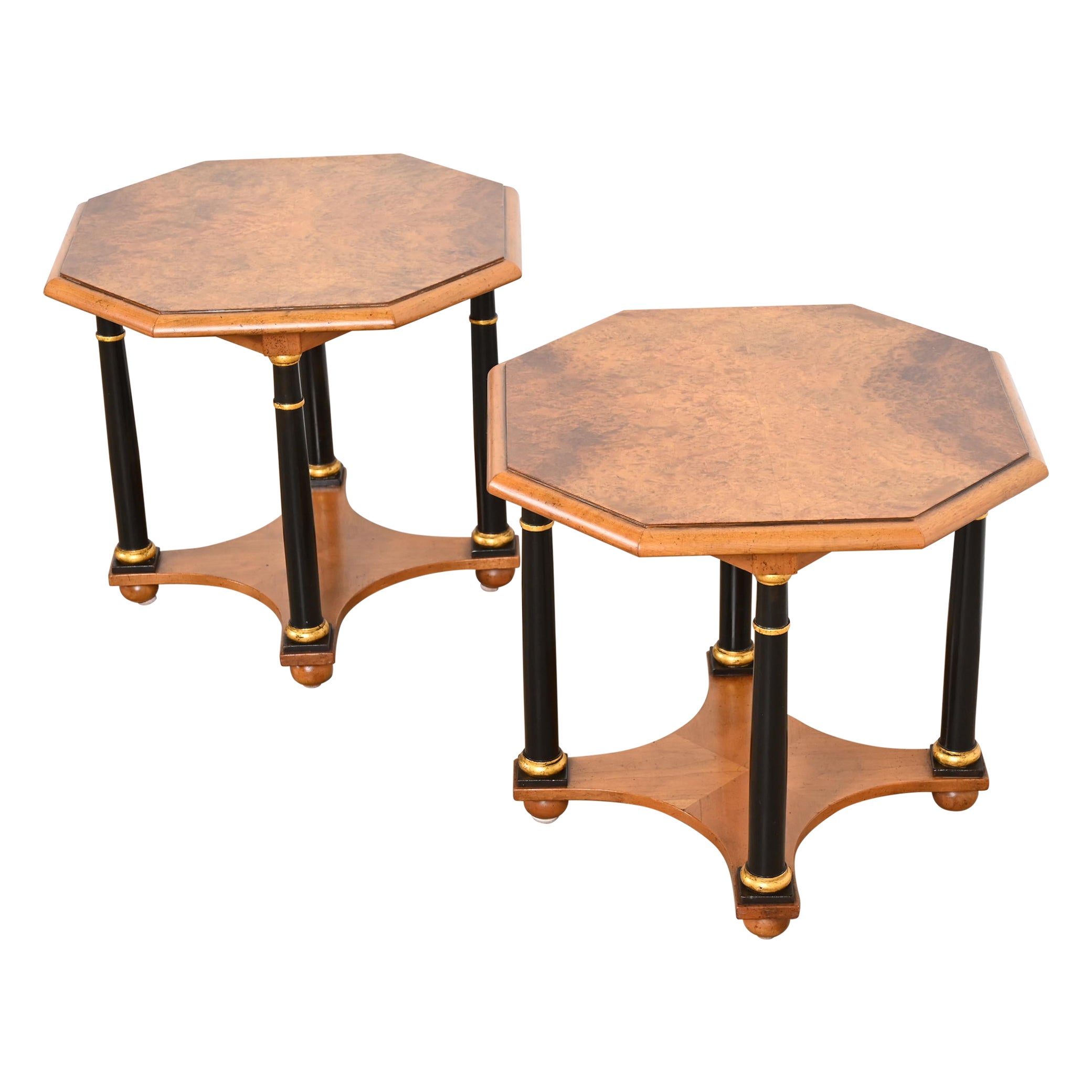 Baker Furniture Neoclassical Burled Walnut Tea Tables, Pair For Sale