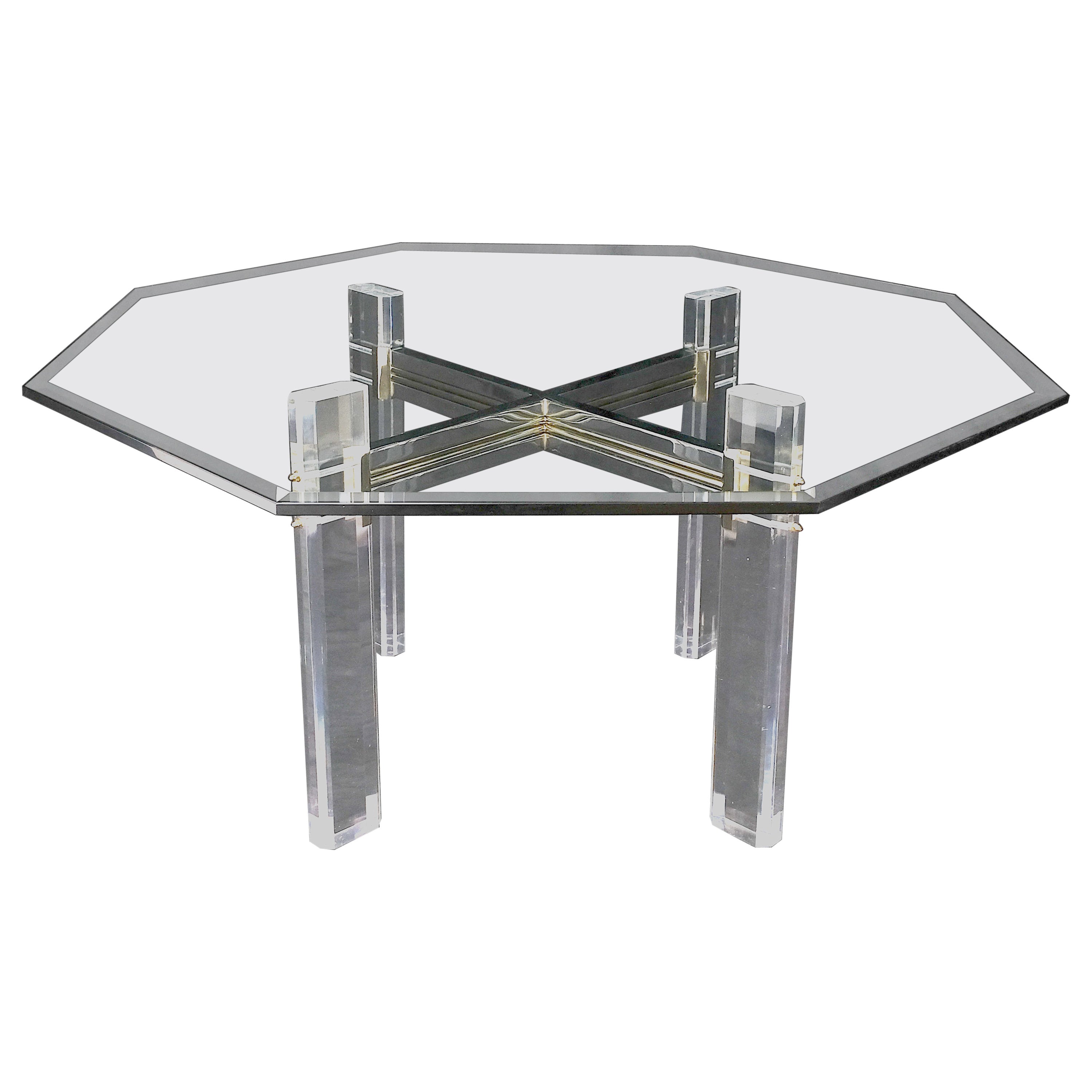 Glass Top Octagonal Shape Lucite Base Dining Conference Table Mint! For Sale