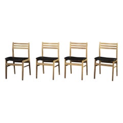 Set of 4 Vintage Midcentury Scandinavian Modern Oak Wood & Vinyl Dining Chairs