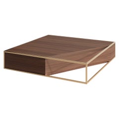 Modern Minimalist Square Center Coffee Table in Walnut Wood and Brushed Brass