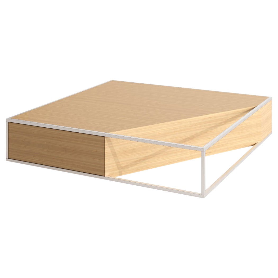 Modern Minimalist Square Center Coffee Table Oak Wood Brushed Stainless Steel