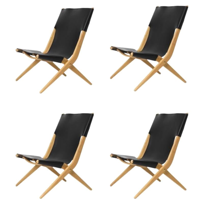 Set of 4 Natural Oiled Oak and Black Leather Saxe Chairs by Lassen For Sale