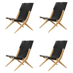 Set of 4 Natural Oiled Oak and Black Leather Saxe Chairs by Lassen