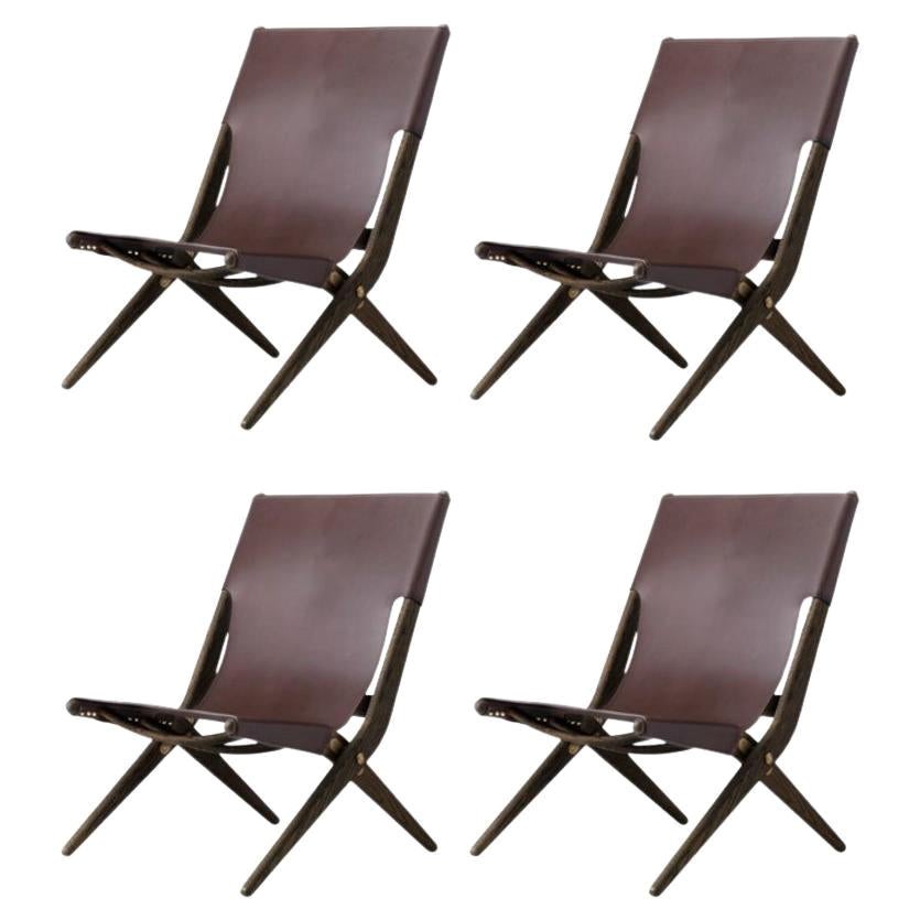 Set of 4 Brown Stained Oak and Brown Leather Saxe Chairs by Lassen For Sale