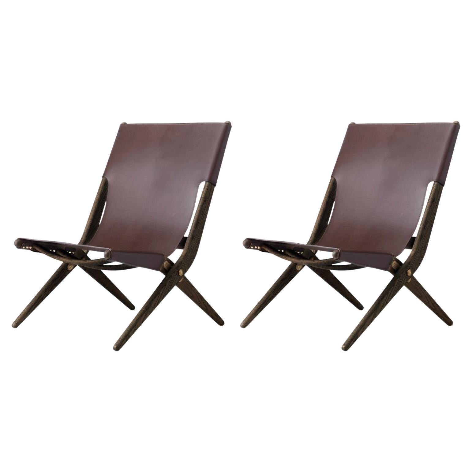 Set of 2 Brown Stained Oak and Brown Leather Saxe Chairs by Lassen For Sale