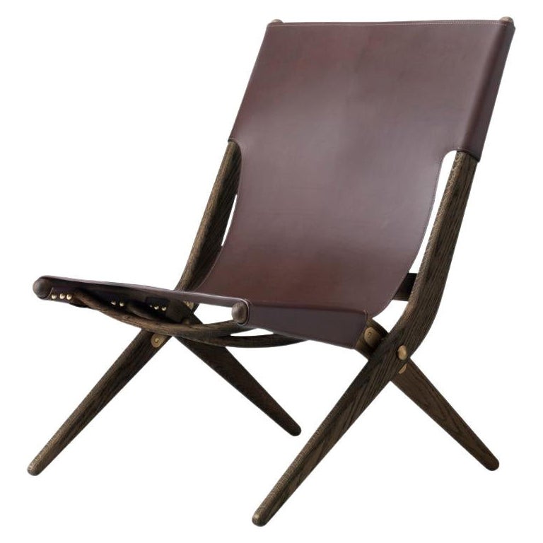  Brown Stained Oak and Brown Leather Saxe Chair by Lassen For Sale