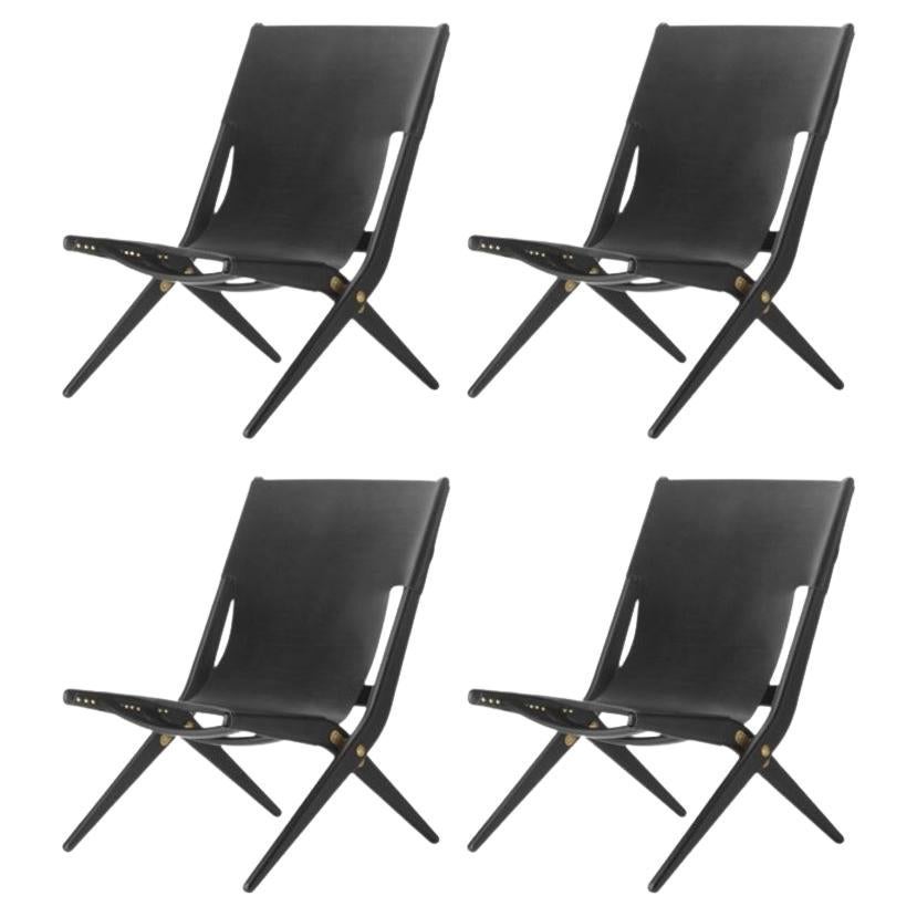 Set of 4 Black Stained Oak and Black Leather Saxe Chairs by Lassen For Sale