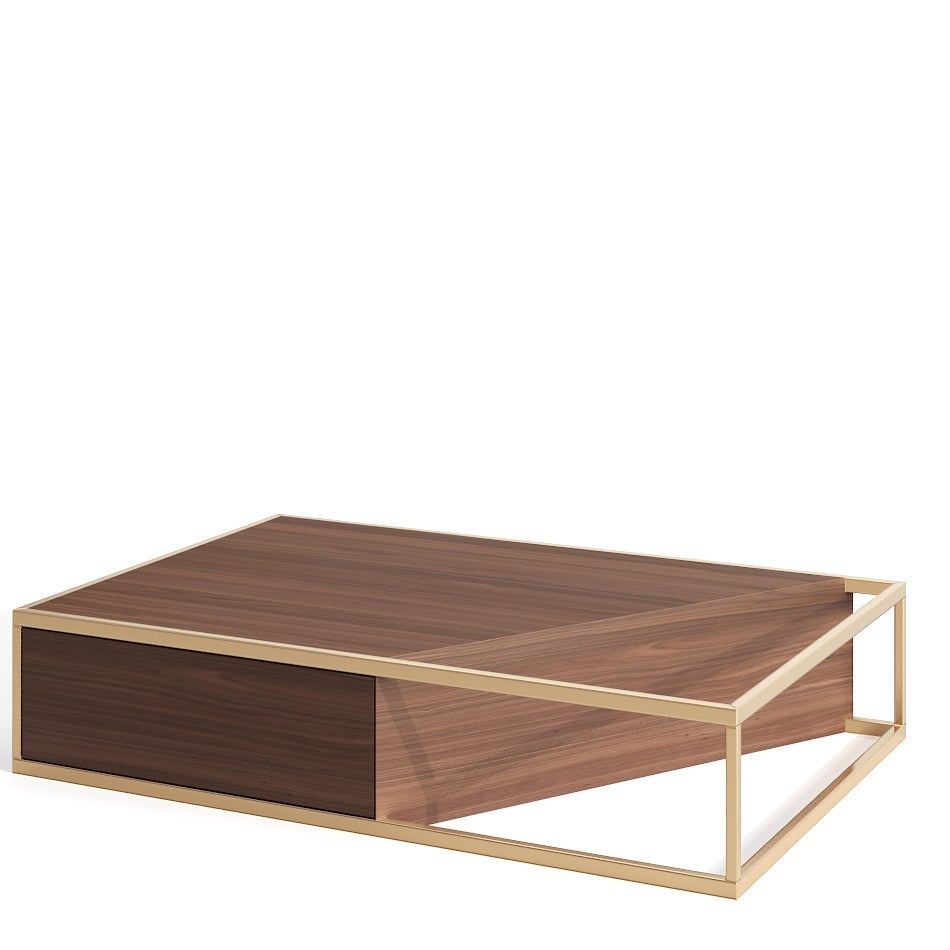 Modern Minimalist Rectangular Center Coffee Table Walnut Wood and Brushed Brass For Sale