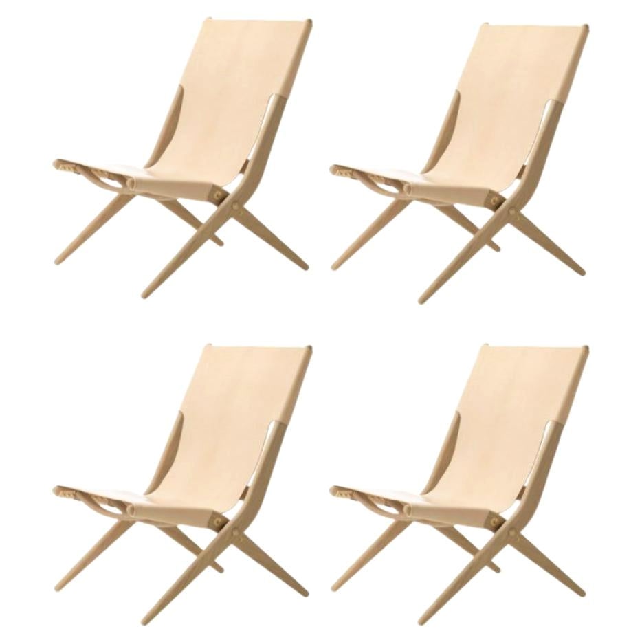 Set of 4 Natural Oak and Natural Leather Saxe Chairs by Lassen For Sale