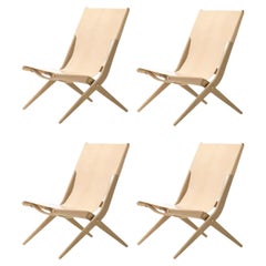 Set of 4 Natural Oak and Natural Leather Saxe Chairs by Lassen