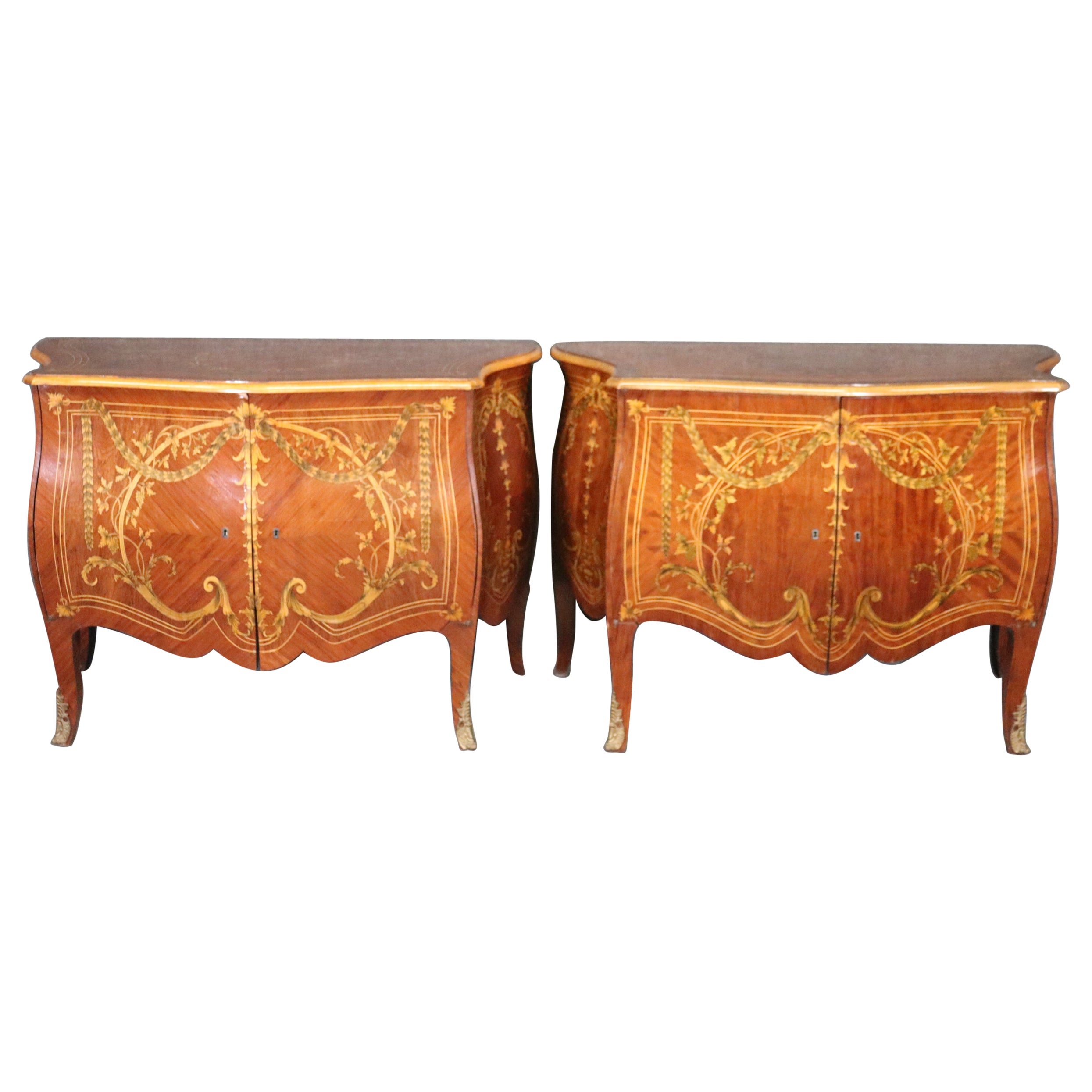 Pair Large Scale Italian Maggiolini Inlaid Bombe Louis XV Commodes For Sale