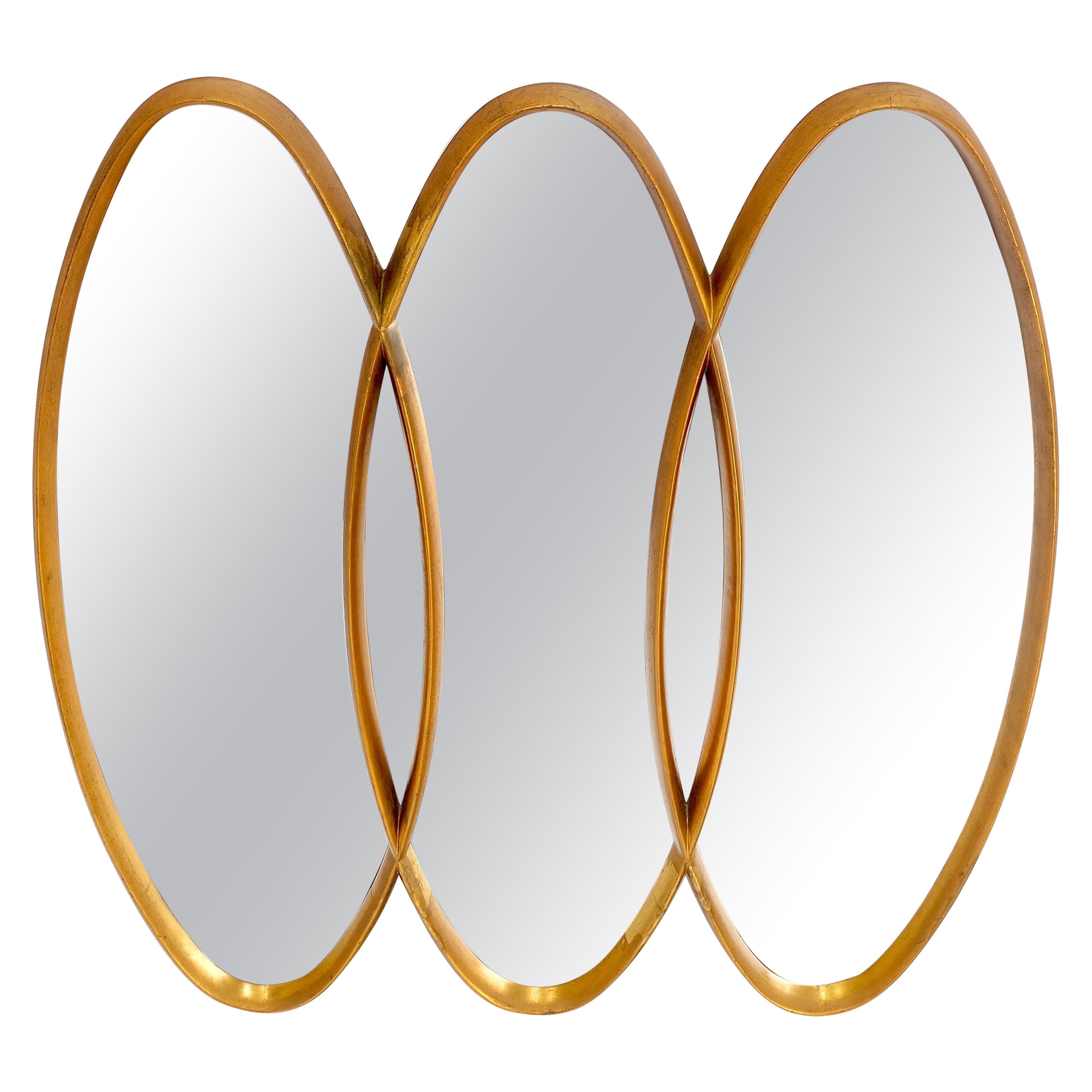 Mid-Century Modern Tripple Overlapping Carved Wood Ovals Gold Gilt Wall Mirror