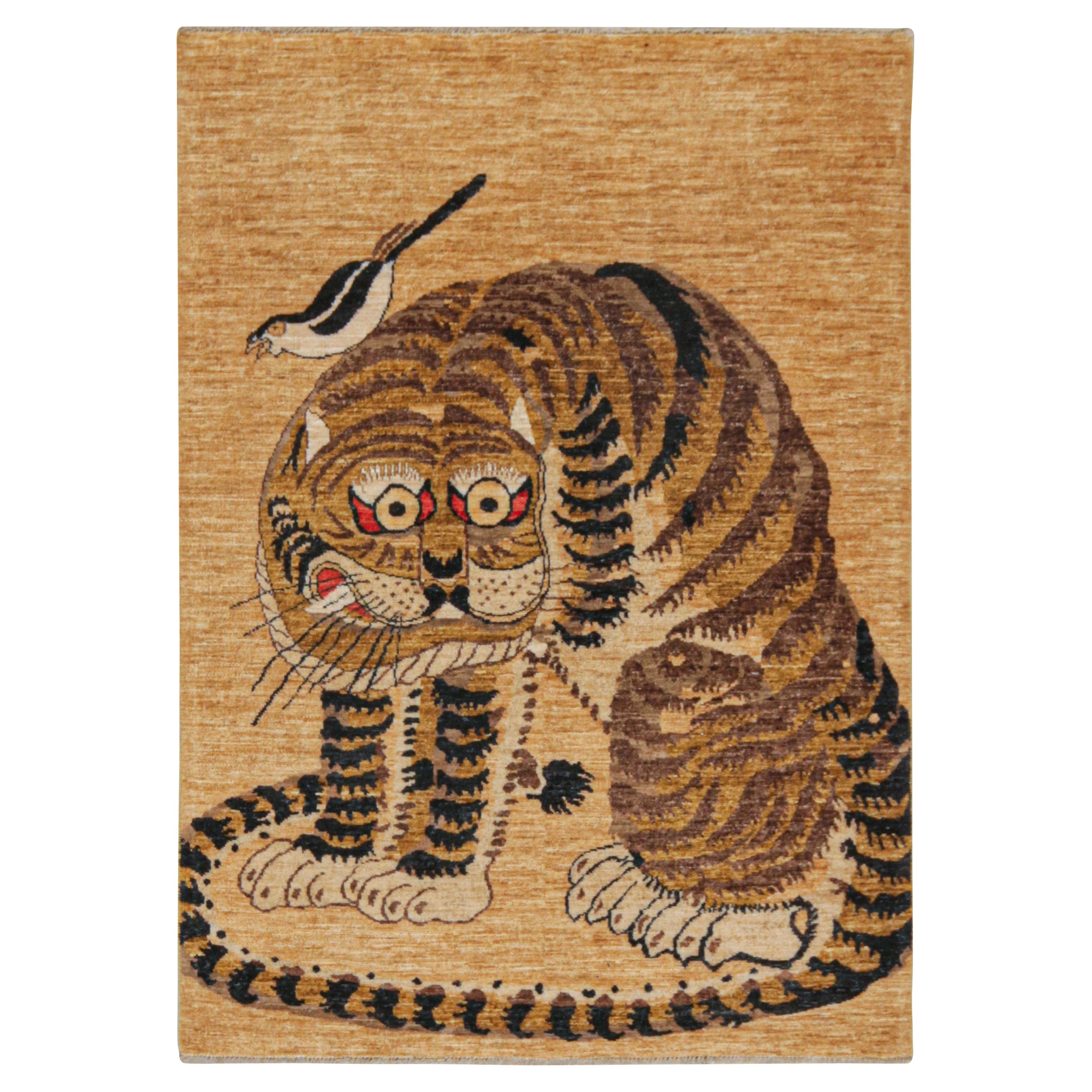 Rug & Kilim’s Classic Style Tiger Rug in Brown, Gold & Black Pictorial For Sale
