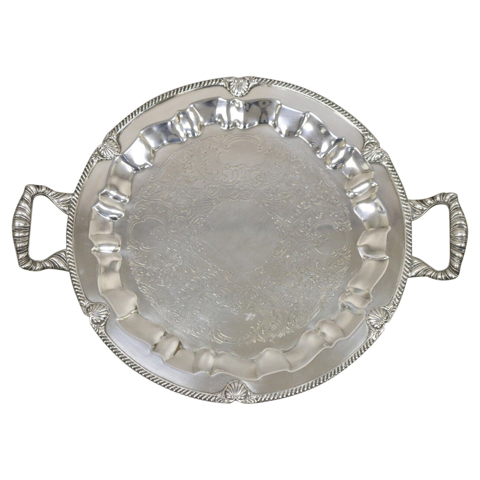 Vintage Federal Silver Co. Silver Plated Large Round Twin Handle Platter Tray For Sale