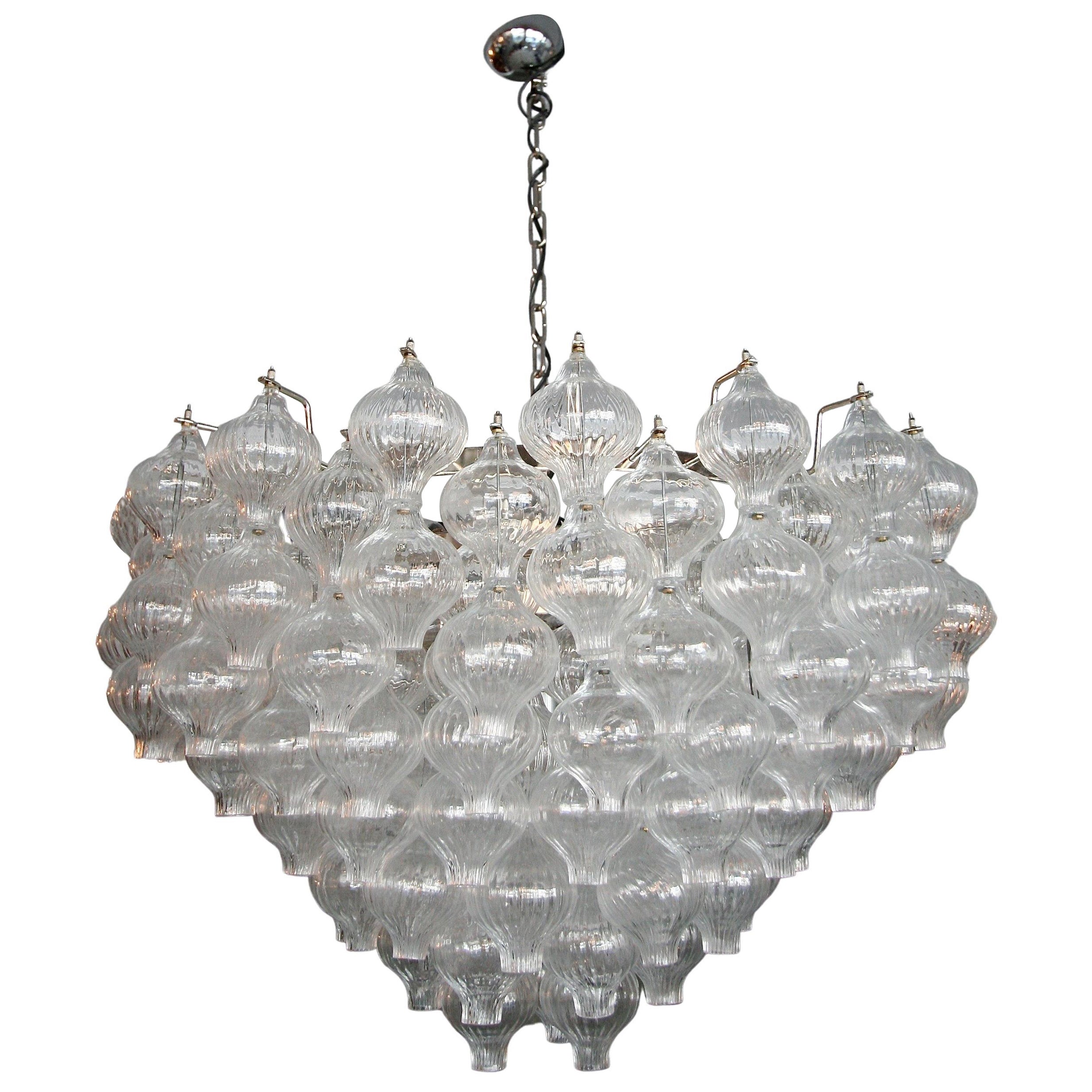 Custom Mid Century Style Murano Clear Glass Tulip Chandelier For Sale