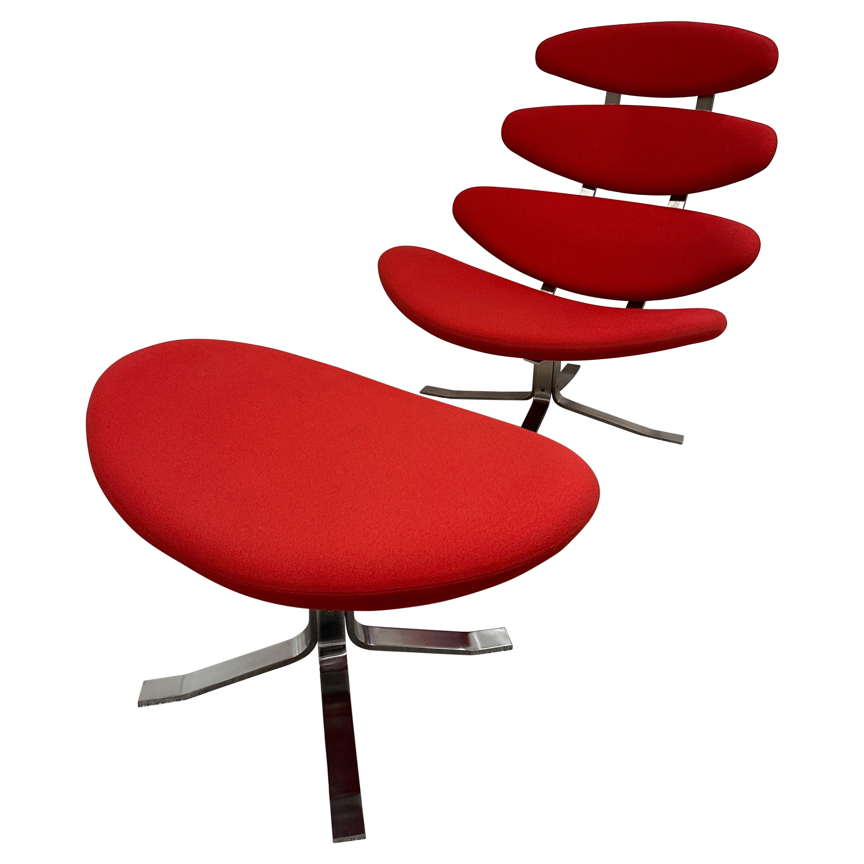 Poul Volther Corona Red Lounge Swivel Chrome Chair and Ottoman Erik Jorgensen For Sale