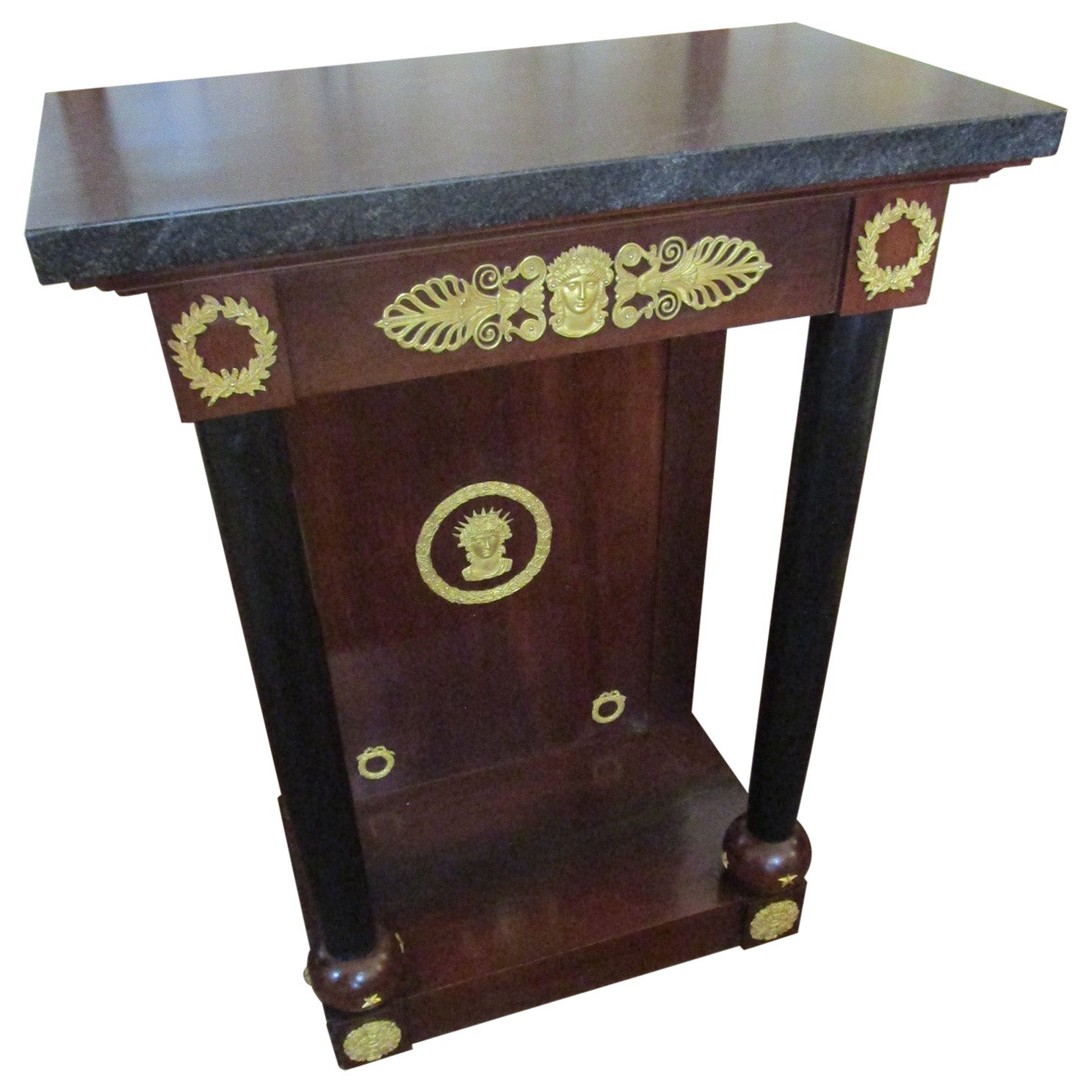 French Empire Mahogany Table with Gold Gilt Ormolu Mounts and Black Granite Top For Sale