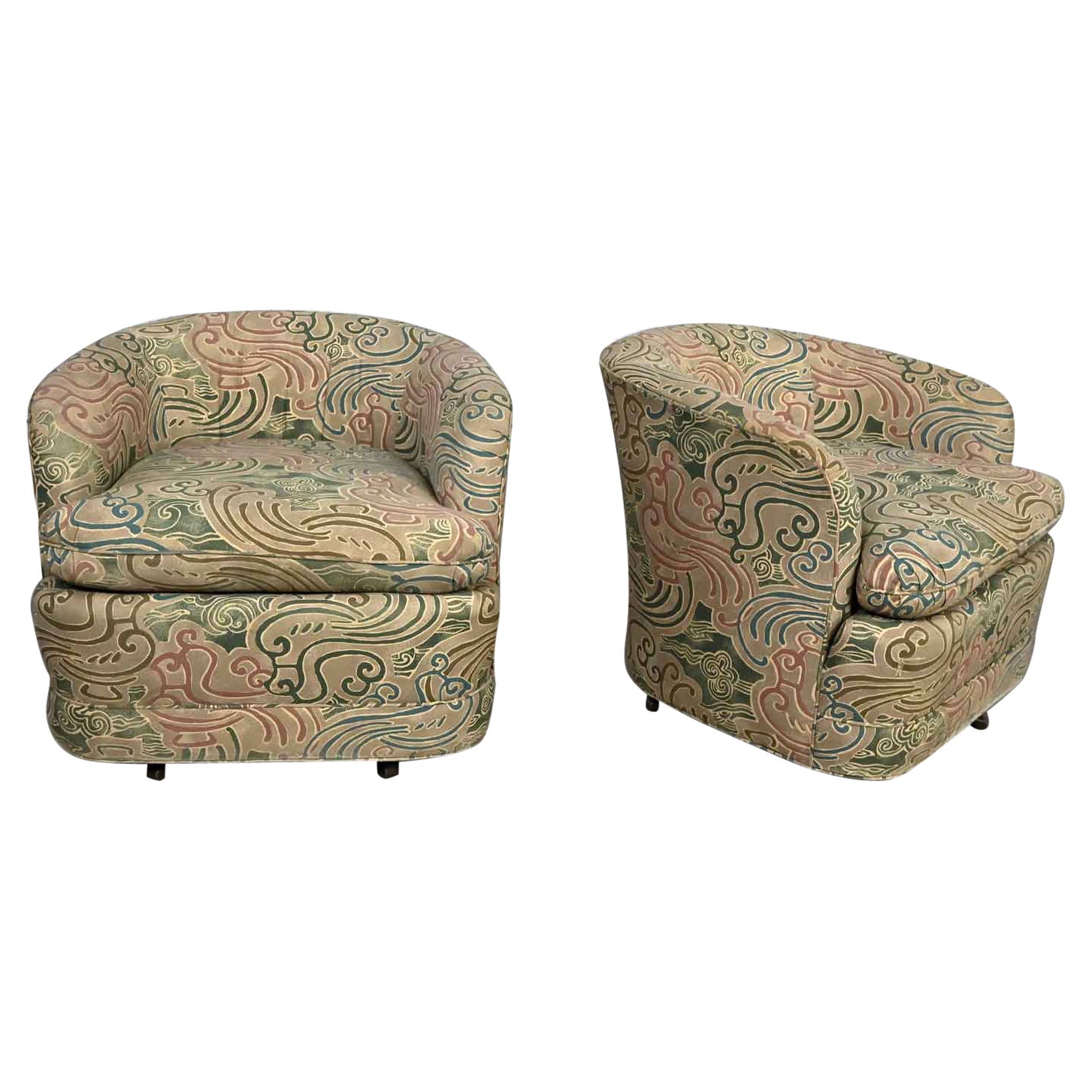Pair Late 20th Century Modern Drexel Heritage Swivel Barrel Chairs Orig Fabric For Sale