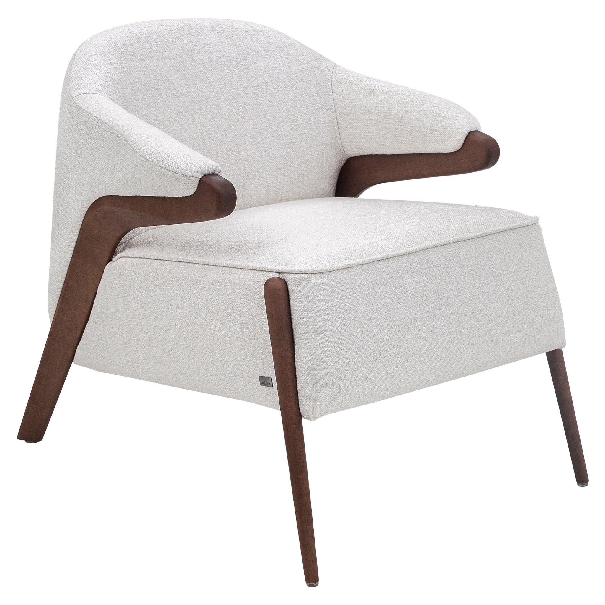 Osa Upholstered Armchair in Walnut Wood Frame and White Fabric