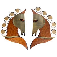 Stylized Midcentury Brass, Wood Horse Head Wall Sculptures, Pair