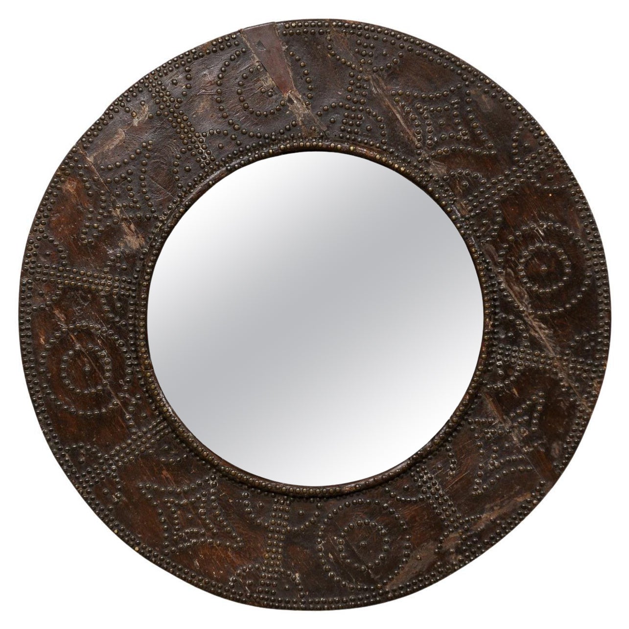 Spanish Antique "Brasero" Nail-Head Round-Shaped Mirror
