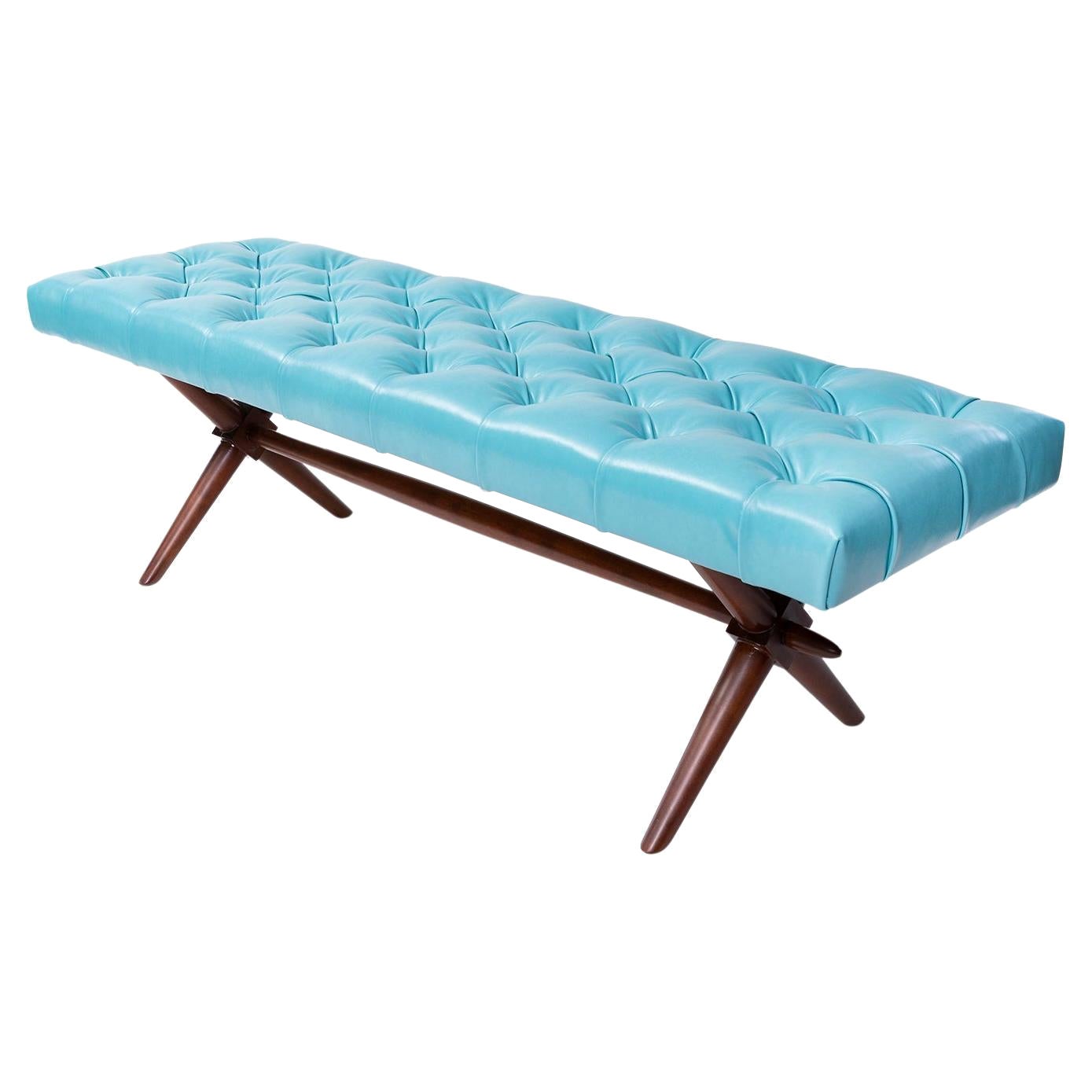 Gibbings 1950s Button-Tufted Turquoise Leather & Mahogany Bench