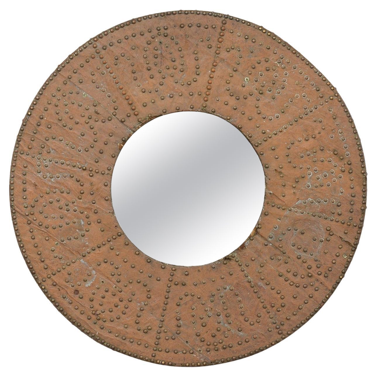 Miroir rond espagnol ancien à brasero en cuivre