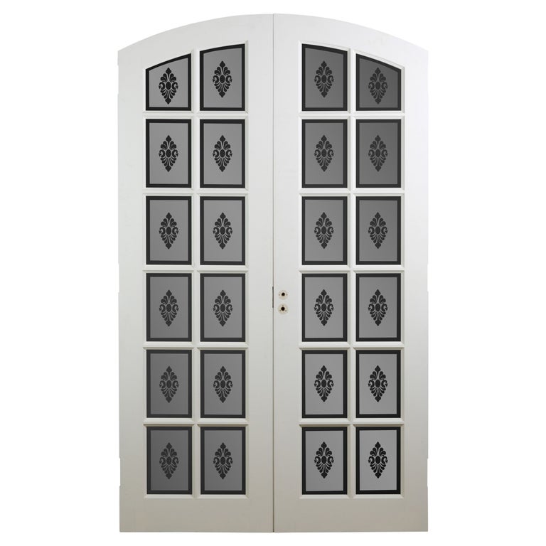 Pair Etched Floral Pattern Glass Arched French Doors For Sale at 1stDibs