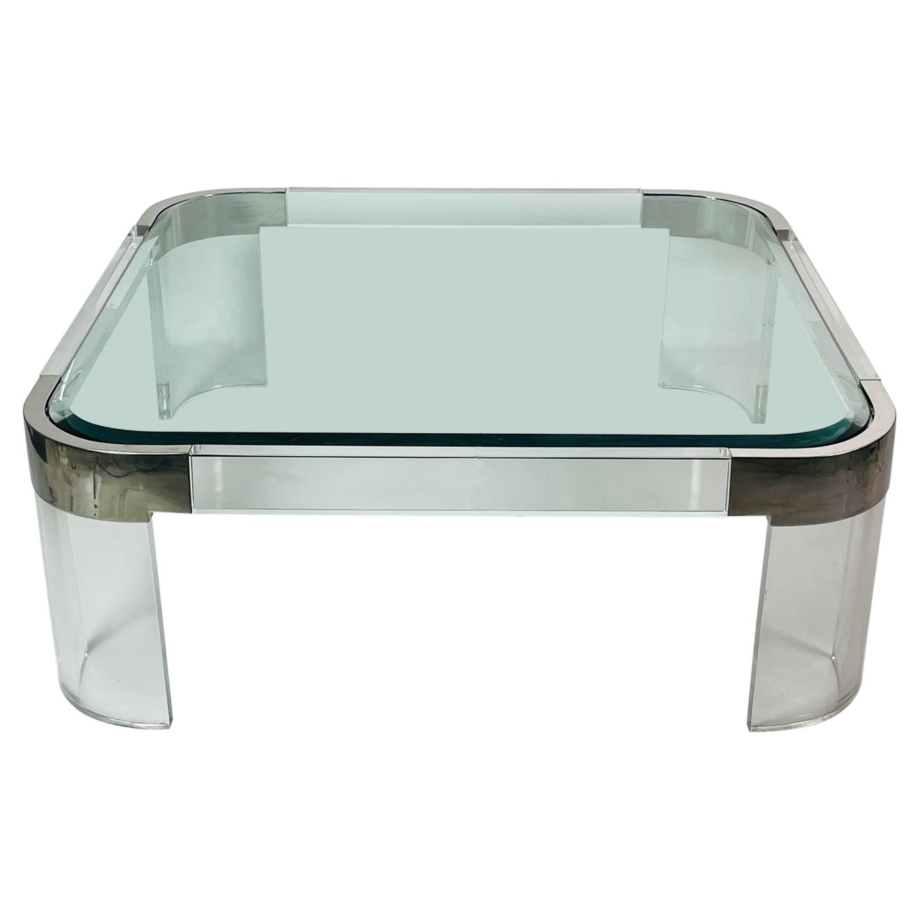 Charles Hollis Jones Waterfall Coffee Table in Lucite, Glass & Polished Nickel For Sale