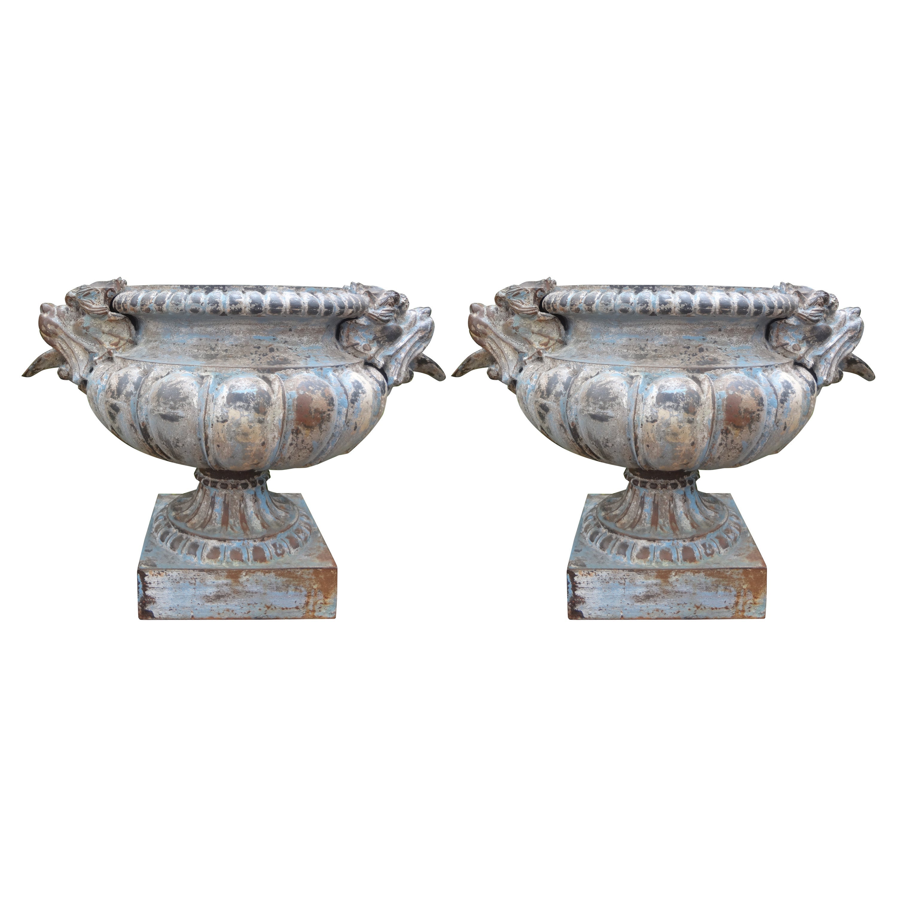 Pair of 19th Century French Cast Iron Garden Urns Attributed to Alfred Corneau