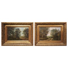 Pair of Early 1900s French Landscape Paintings on Board with Giltwood Frames