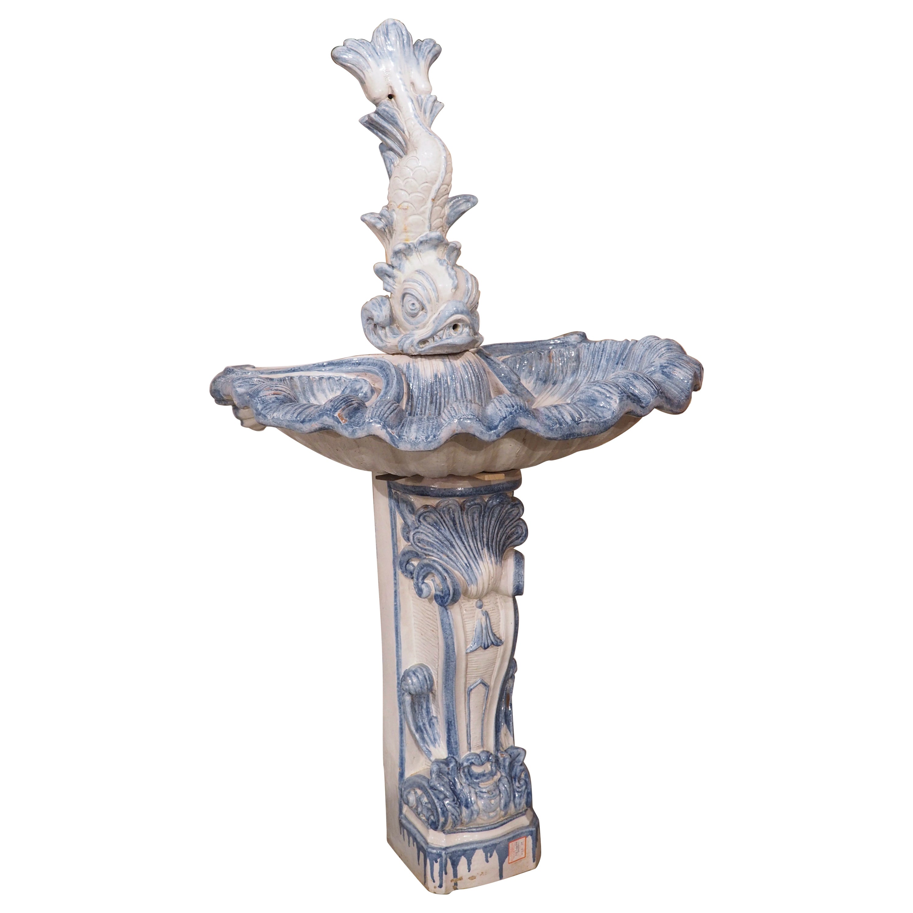 Antique French Blue and White Faience Interior Wall Fountain, circa 1880 For Sale