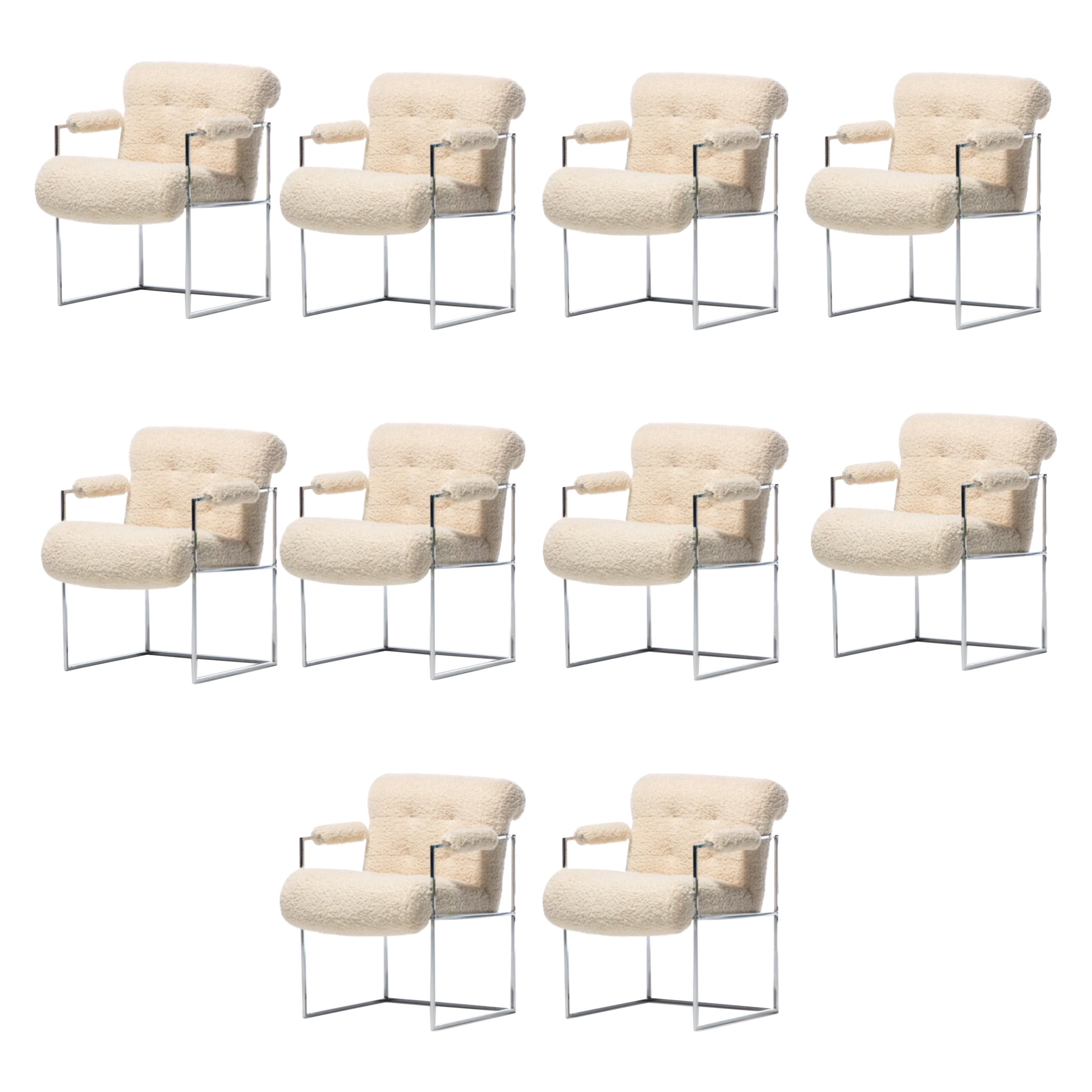 Milo Baughman Set of 10 Chrome Dining Chairs in Ivory Bouclé, circa 1975 For Sale