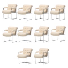 Vintage Milo Baughman Set of 10 Chrome Dining Chairs in Ivory Bouclé, circa 1975