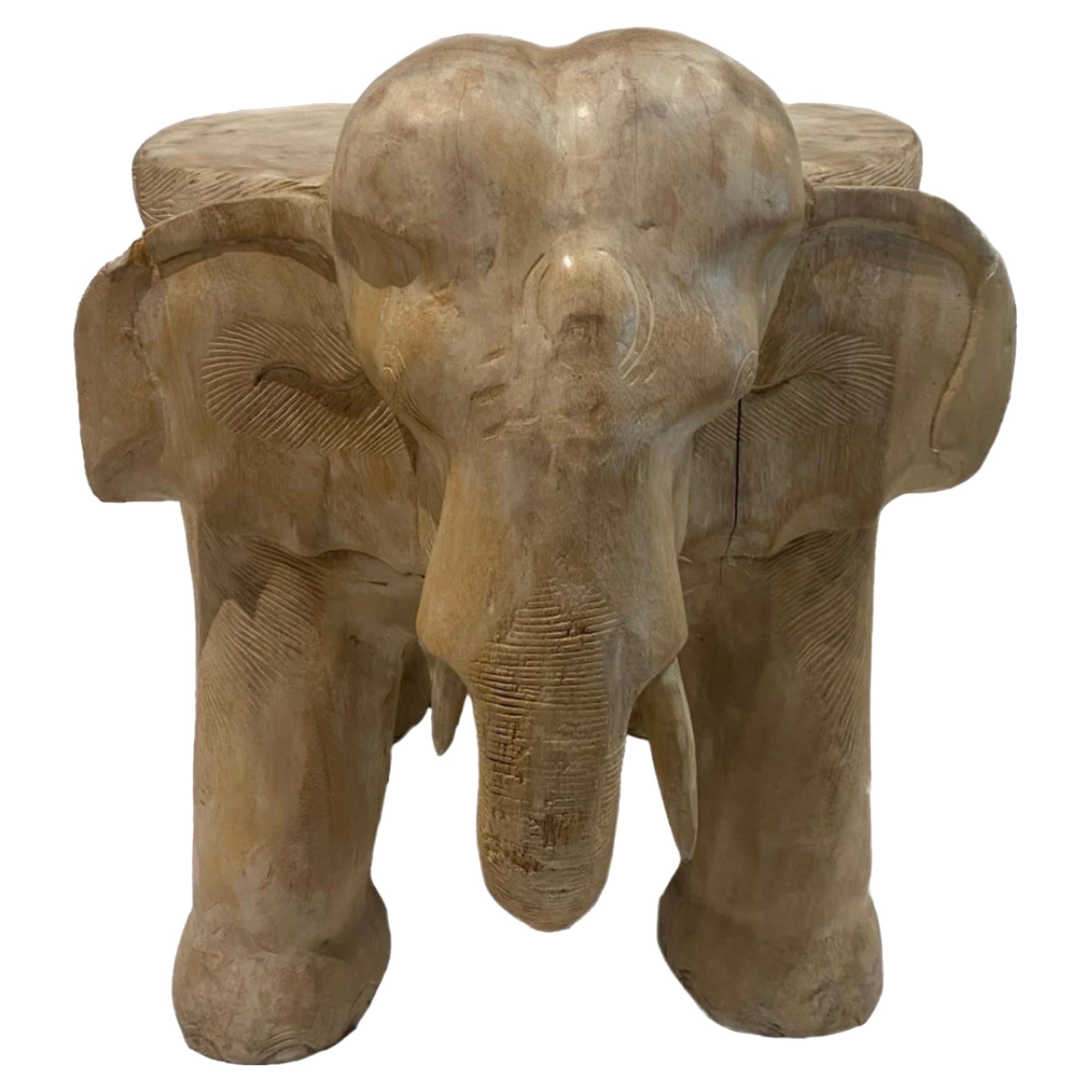 Solid Carved Wood Elephant Stool or Side Table Accent Table