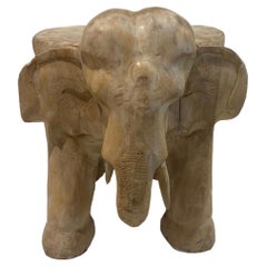 Retro Solid Carved Wood Elephant Stool or Side Table Accent Table