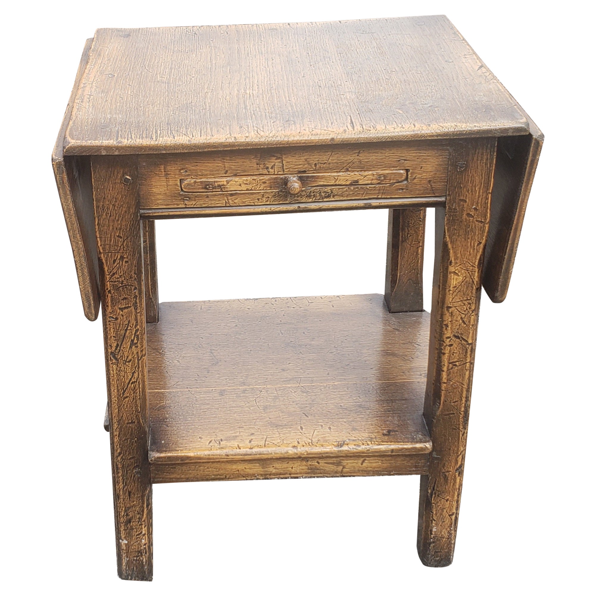 Early American Oak Drop-Leaf Side Table with Pull-Out Tray, circa 1890s
