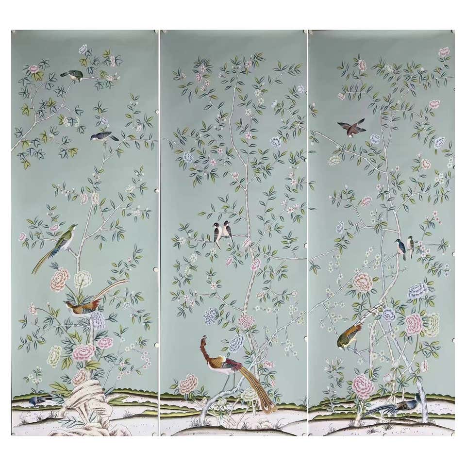 Magnolia Chinoiserie Panels Hand Painted Wallpaper on Gold Metallic For ...