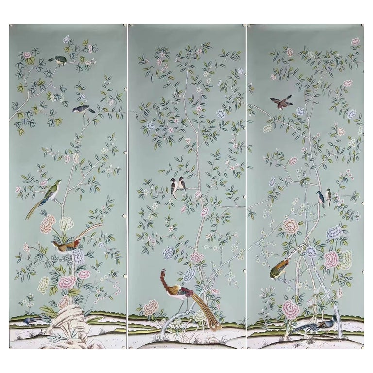 Chinoiserie Panels Hand Painted Wallpaper on Blue silk 3ft x 8ft/panel ...