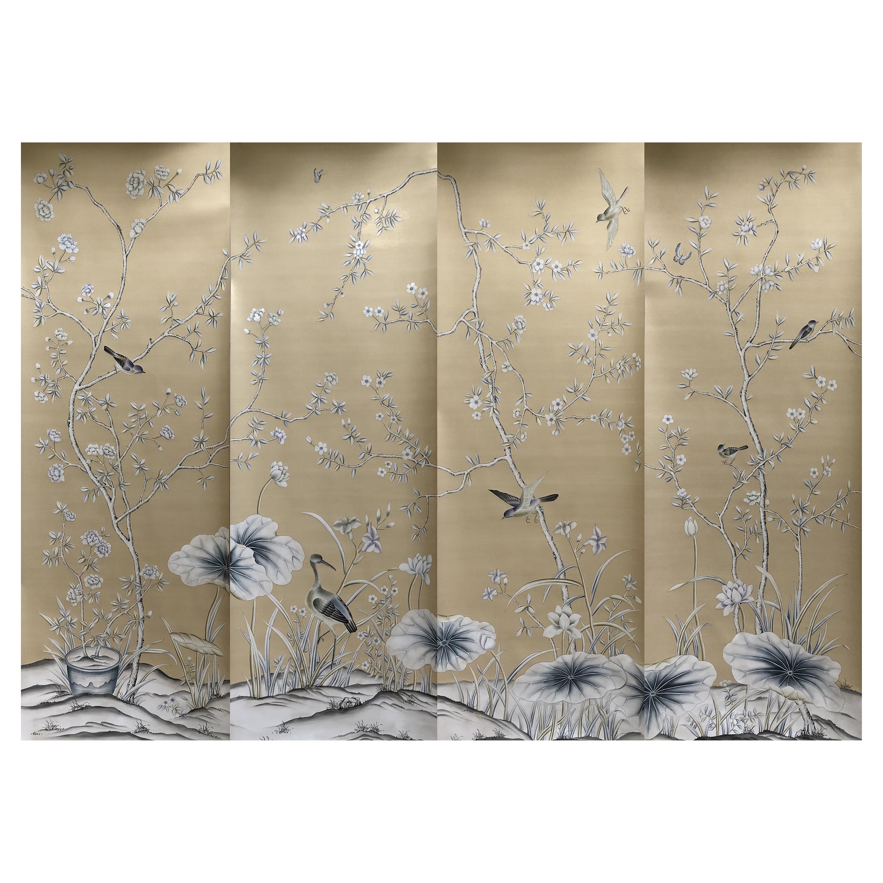 Chinoiserie Murals Chinoiserie Wallpaper Hand Painted Silk Wallpaper For Sale