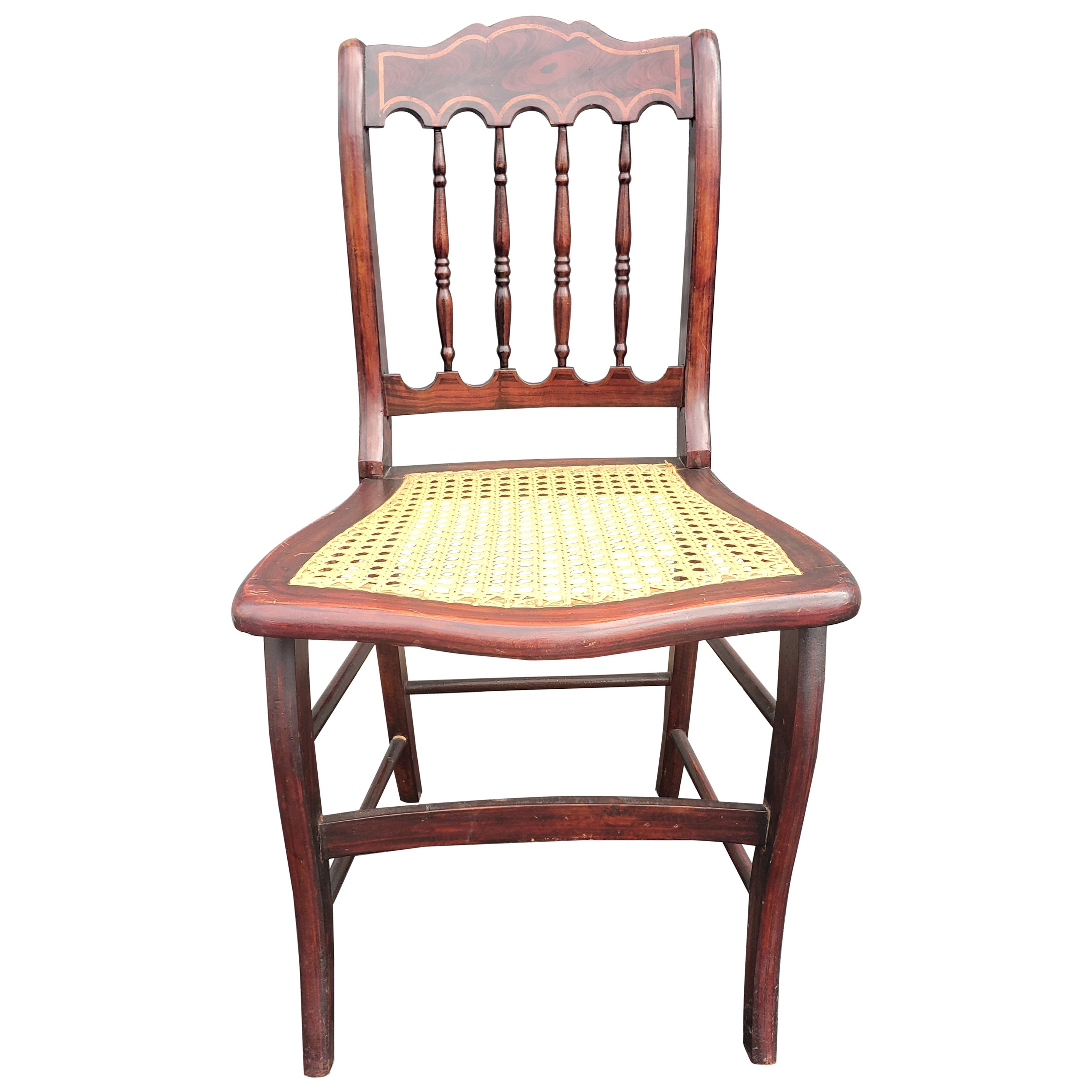 Victorian American Flame Mahogany with Inlays Spindle Back and Cane Seat Chair For Sale