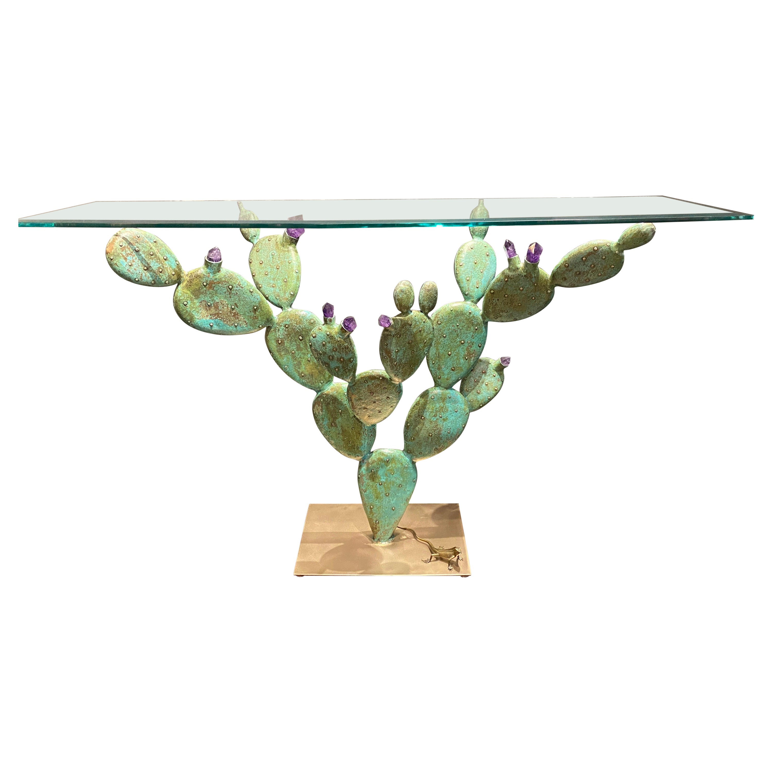 Bronze Prickly Pear Cactus Console Table with Amethyst Crystals For Sale