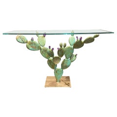 Bronze Prickly Pear Cactus Console Table with Amethyst Crystals