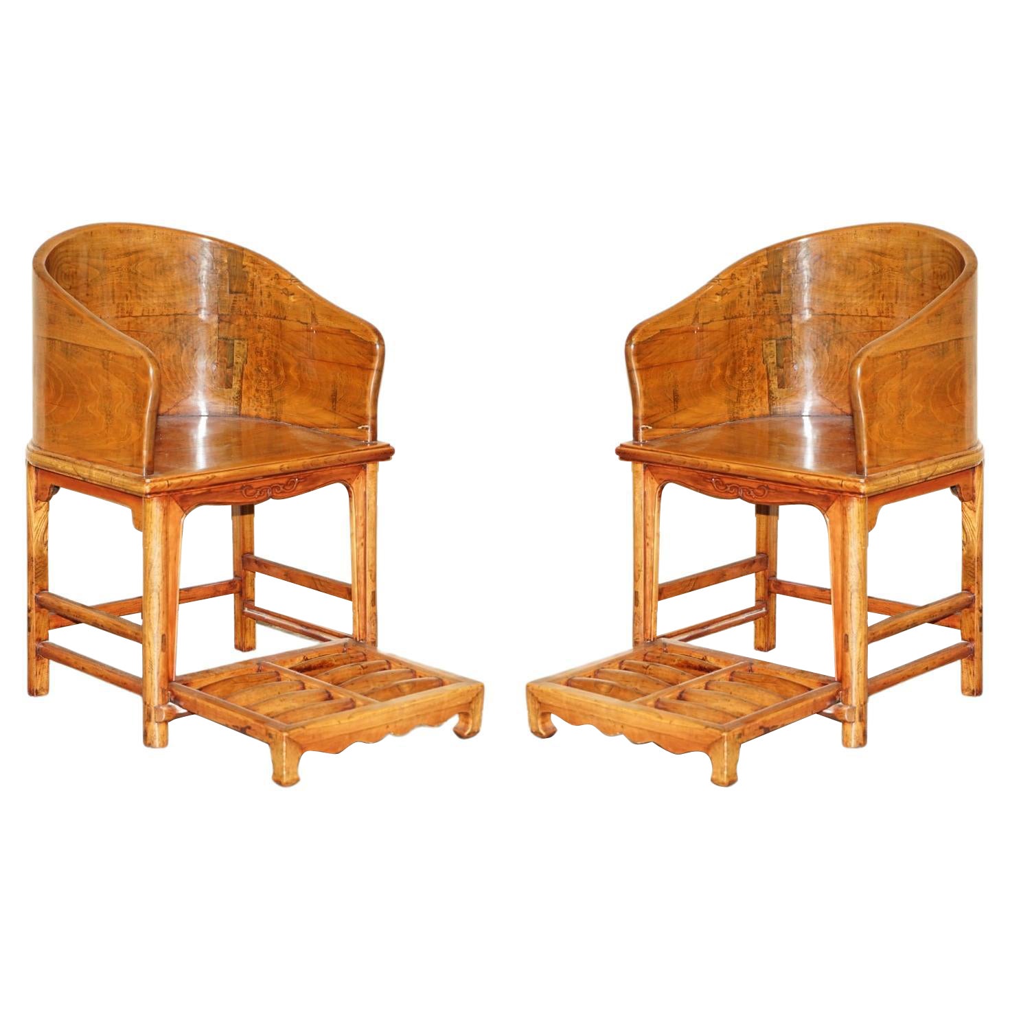 Pair of Antique Chinese Elm Horseshoe Tub Armchairs +Slideout Rolling Footrests For Sale