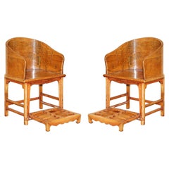 Pair of Used Chinese Elm Horseshoe Tub Armchairs +Slideout Rolling Footrests