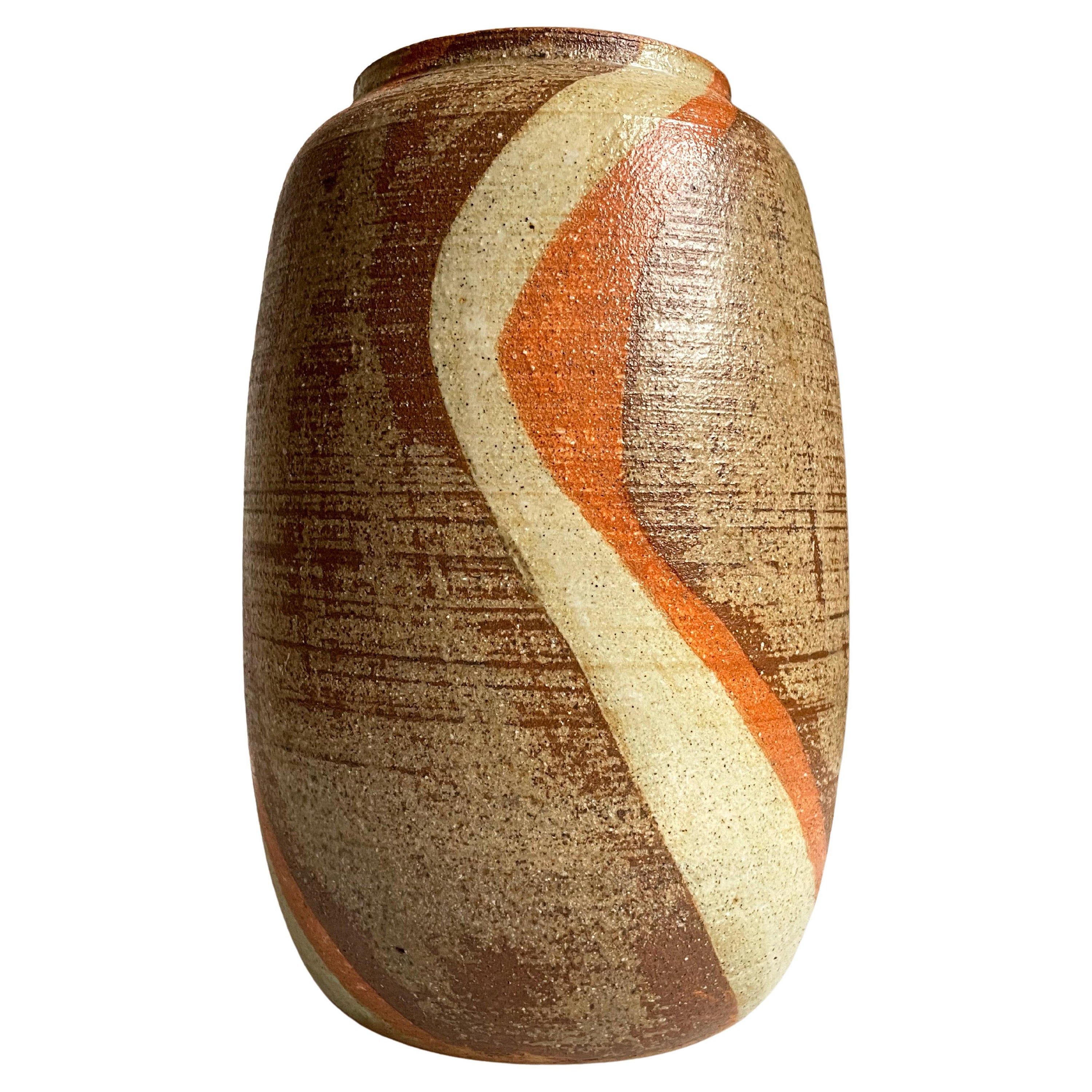 Vintage Brown, Cream, Orange Striped Ceramic Vase, 1980s For Sale