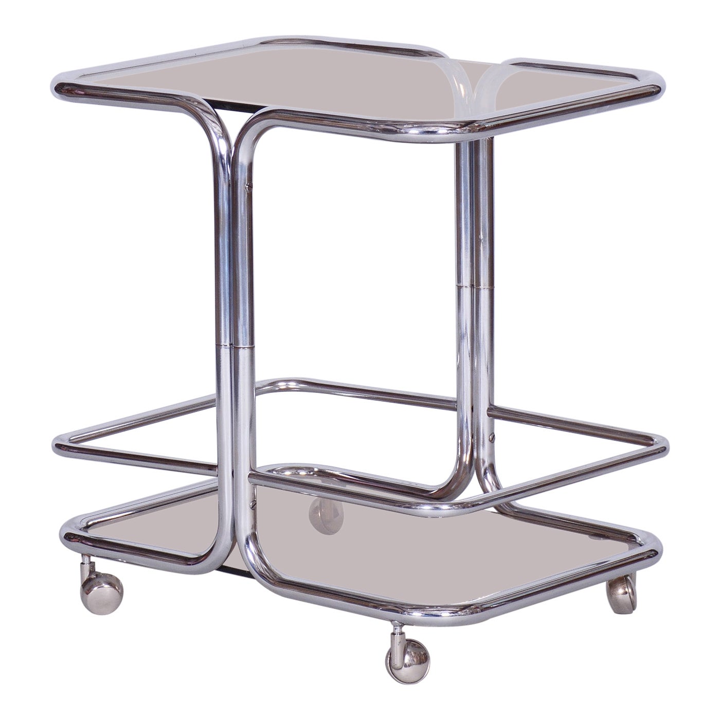 Original Midcentury Chrome Serving Trolley, Smoked Glass, 1960s, Czechia For Sale