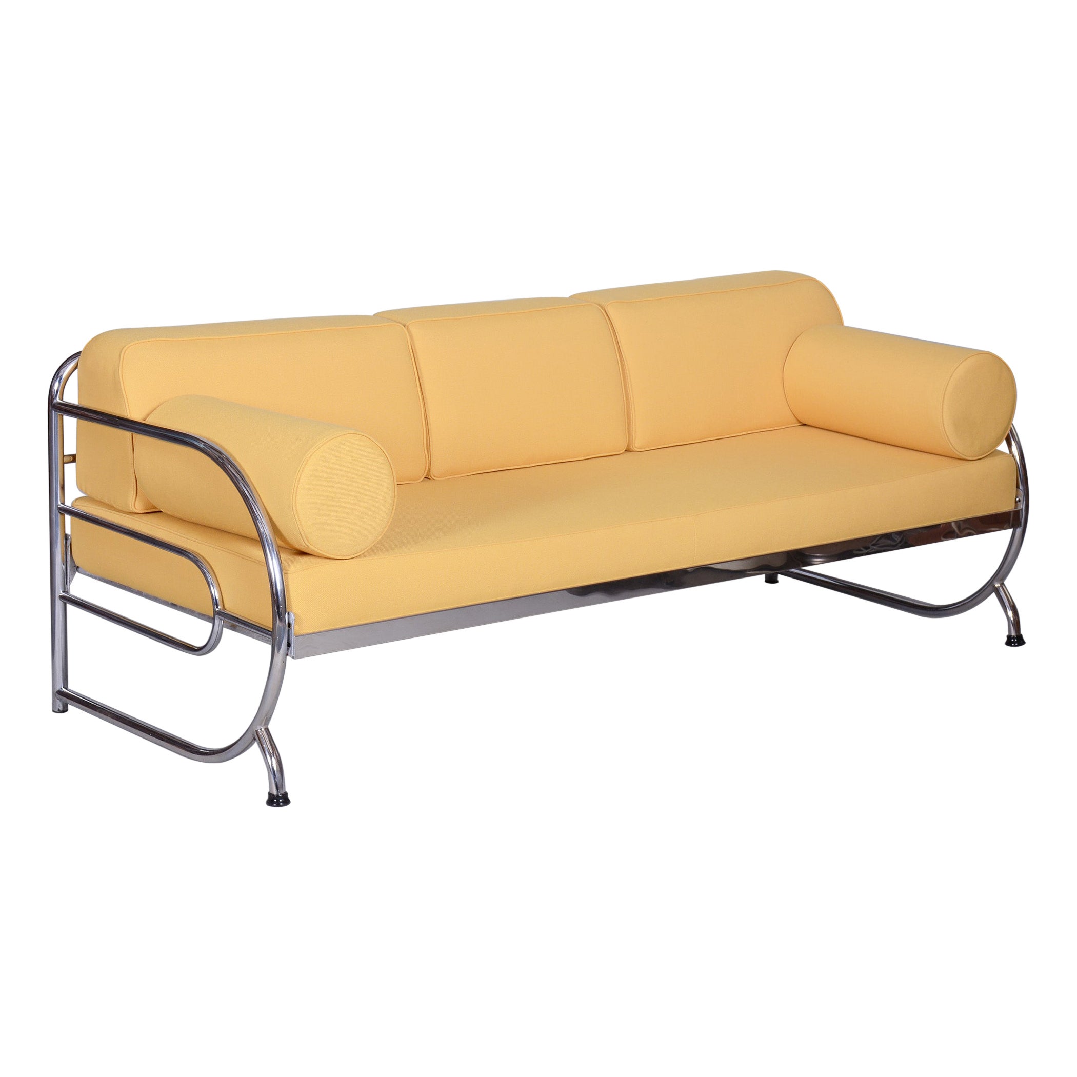 Fully Restored Bauhaus Yellow Leather Tubular Chrome Sofa, Robert Slezák, 1930s